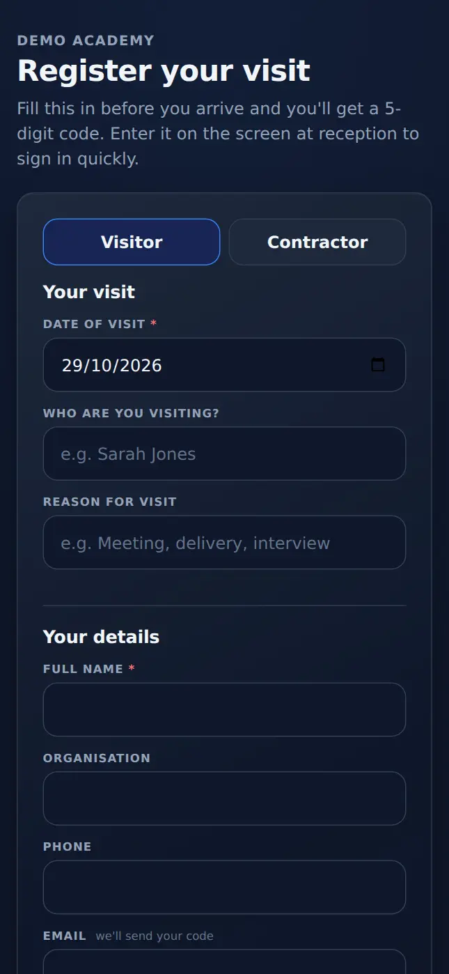Pre-registration page on a phone, with Visitor and Contractor options and the visit date
