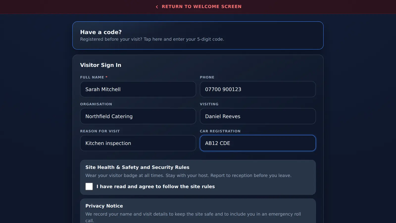 Visitor sign-in form with reason for visit and car registration
